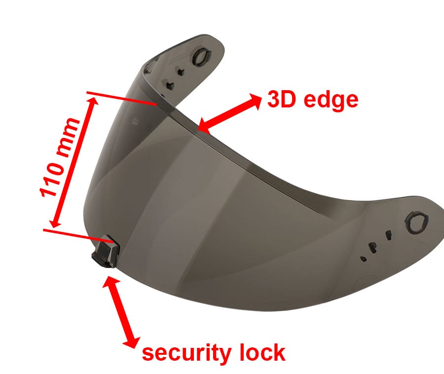 3D shaped visor edge - measure at least 110mm between edge and lock